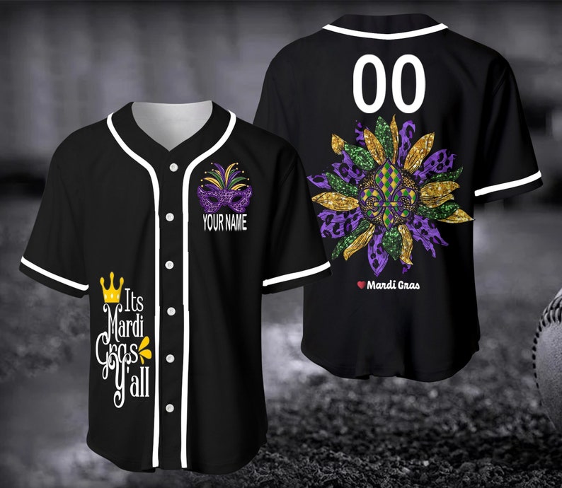Custom Name Its Mardi Gras Y'all Flower Black - Personalized Baseball Tee Jersey