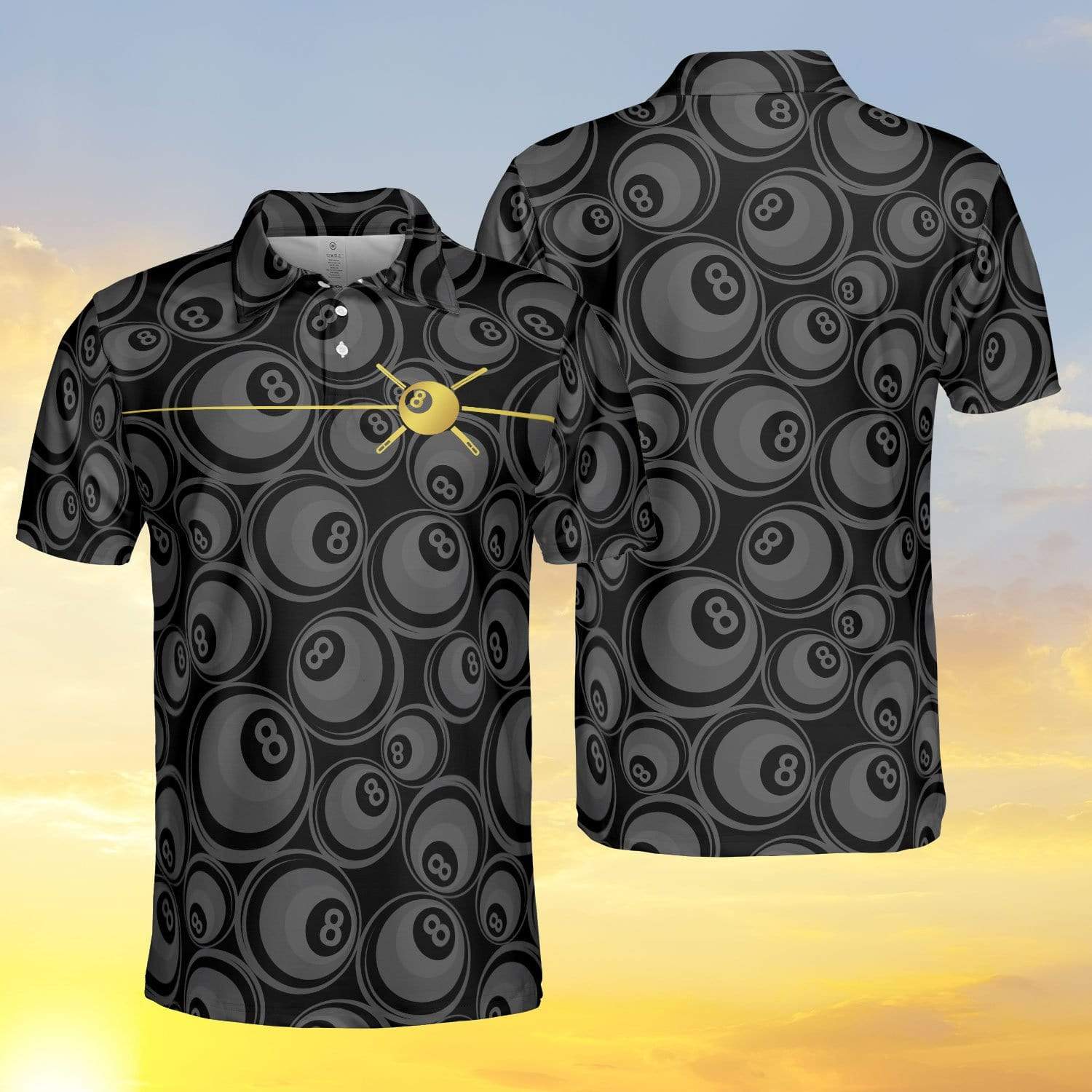 Golden 8 Ball Billiard Black Pattern Polo Shirt For Men