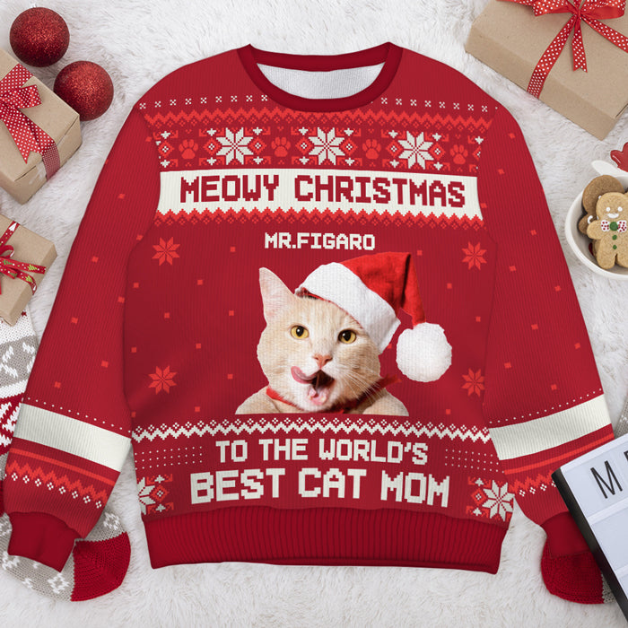 Custom Photo Meowy Christmas To The Best Cat Dad Cat Mom - Personalized Ugly Christmas Sweatshirt - Christmas Gift For Cat Lovers, Pet Lovers