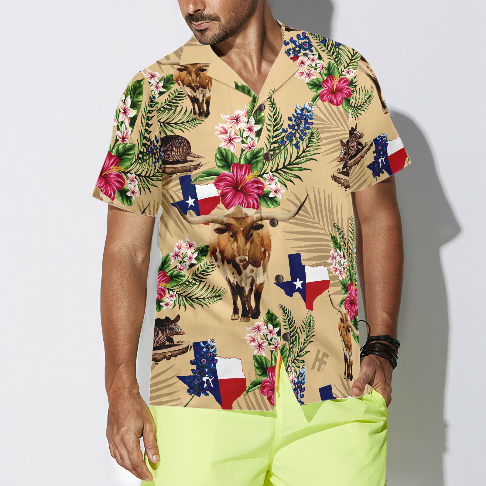 BrownTribalPatternTexasHawaiianShirtForMen_ArmadilloAndLonghorn_4