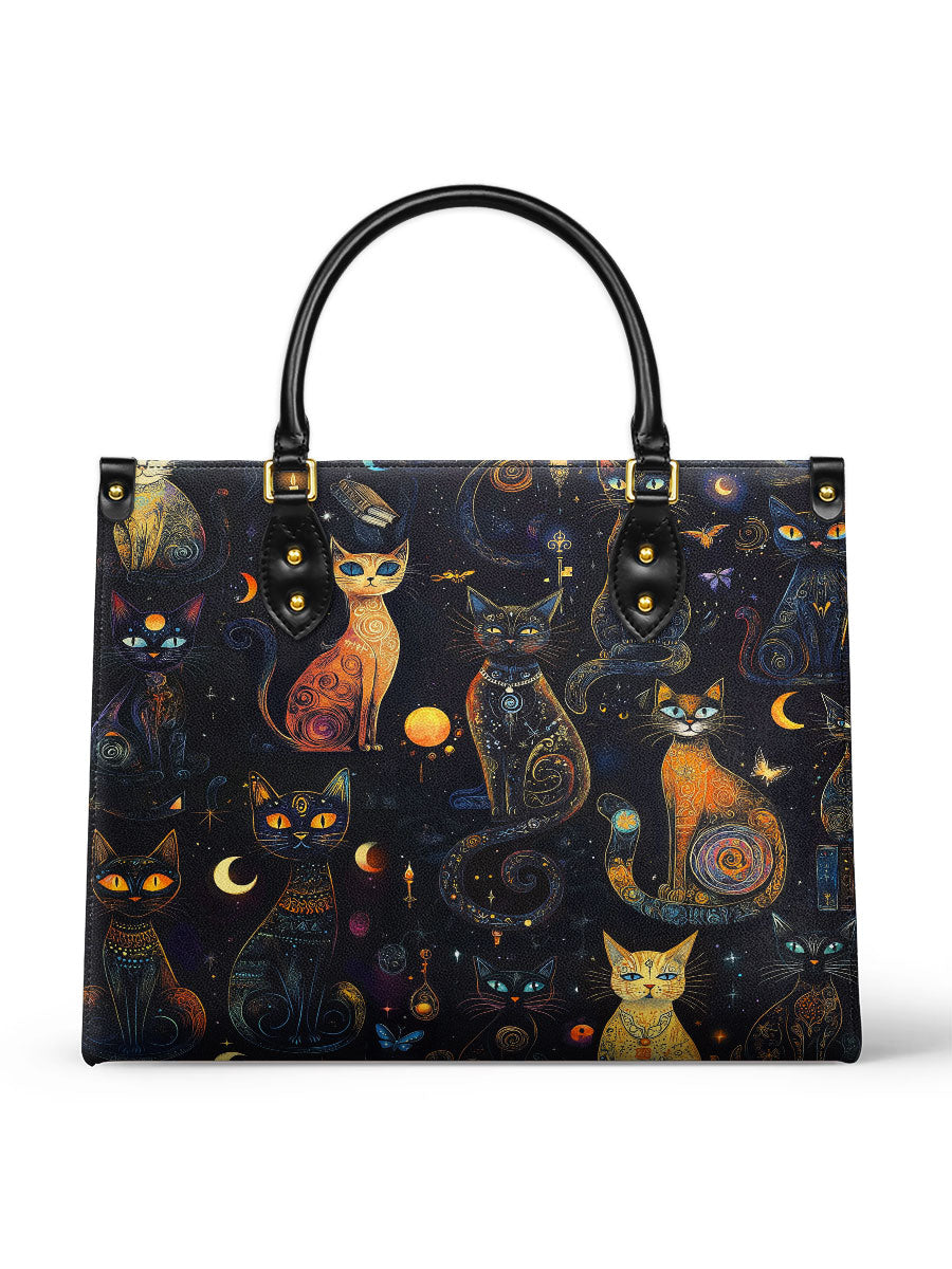 CelestialCatspellBlackCatWitchyCosmicMysticGalaxy PersonalizedLeatherHandbag GiftforHer_1