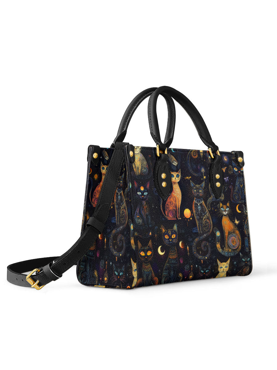 CelestialCatspellBlackCatWitchyCosmicMysticGalaxy PersonalizedLeatherHandbag GiftforHer_2