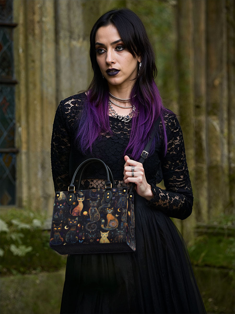 CelestialCatspellBlackCatWitchyCosmicMysticGalaxy PersonalizedLeatherHandbag GiftforHer_3