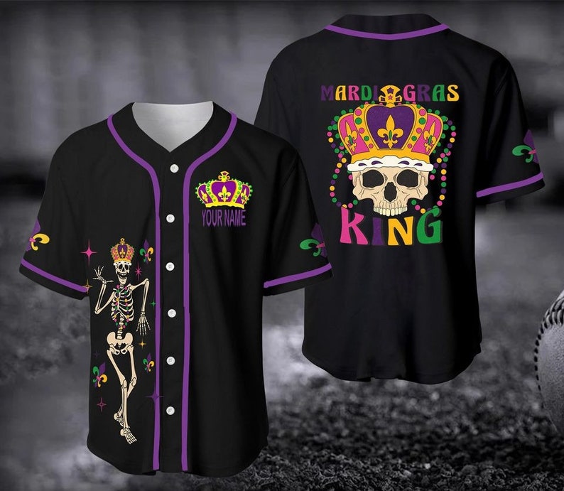 Custom Name Funny Mardi Gras King Skull Skeleton Black - Personalized Baseball Tee Jersey