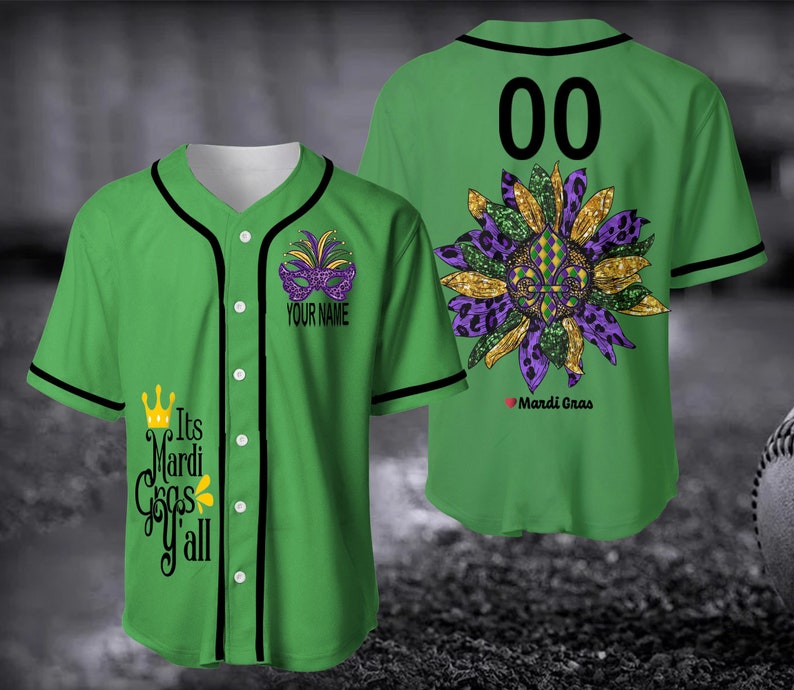 Custom Name Its Mardi Gras Y'all Flower Green - Personalized Baseball Tee Jersey