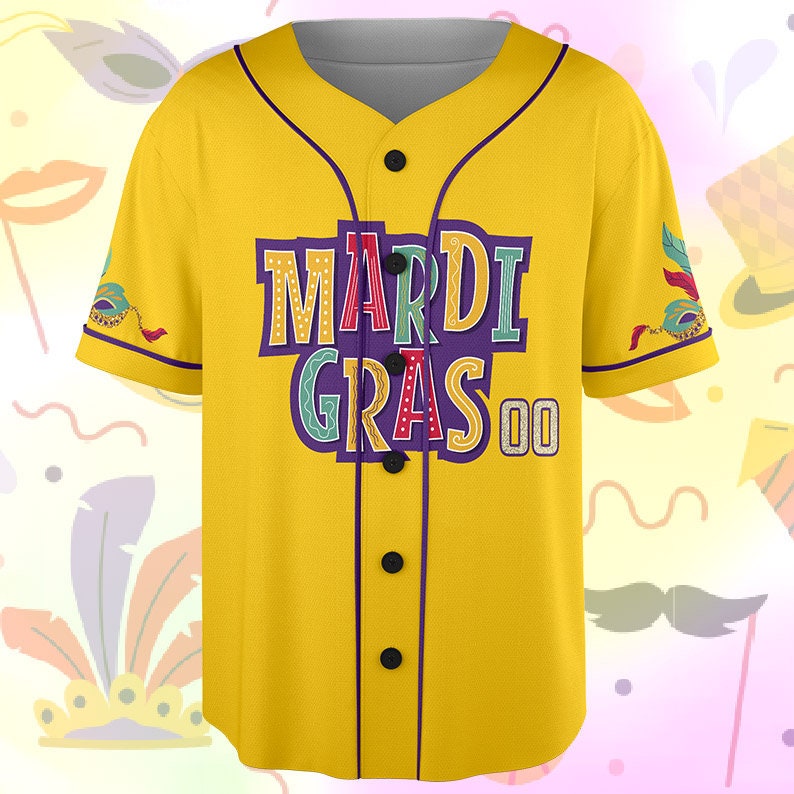 Custom Name Mardi Gras Carnival Mask Yellow - Personalized Baseball Tee Jersey