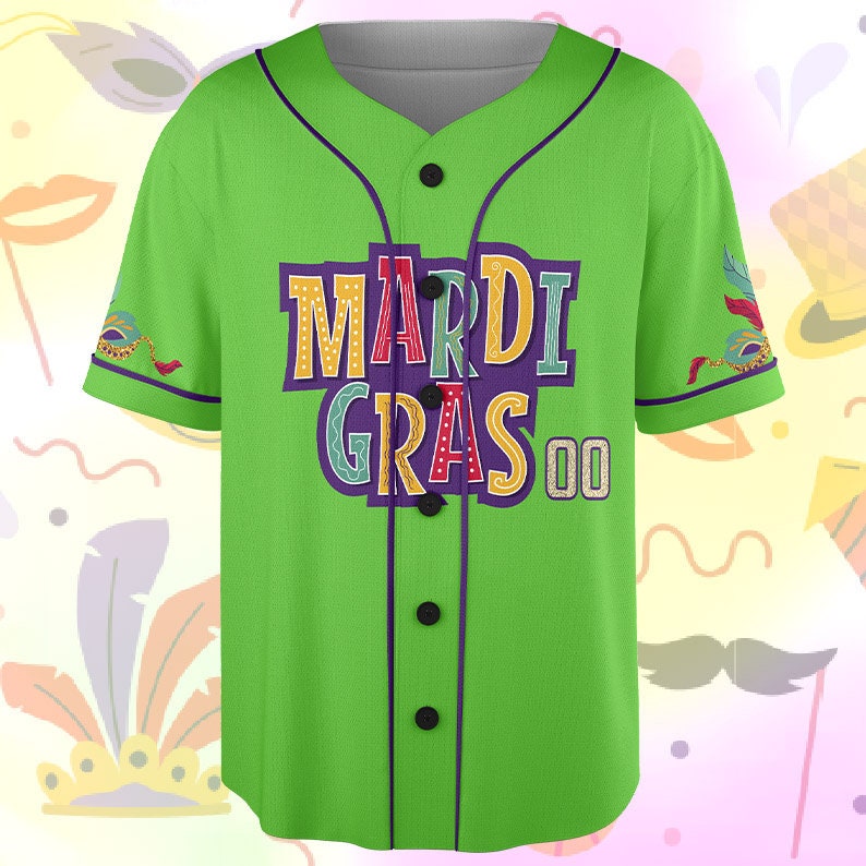 Custom Name Mardi Gras Carnival Mask Green - Personalized Baseball Tee Jersey