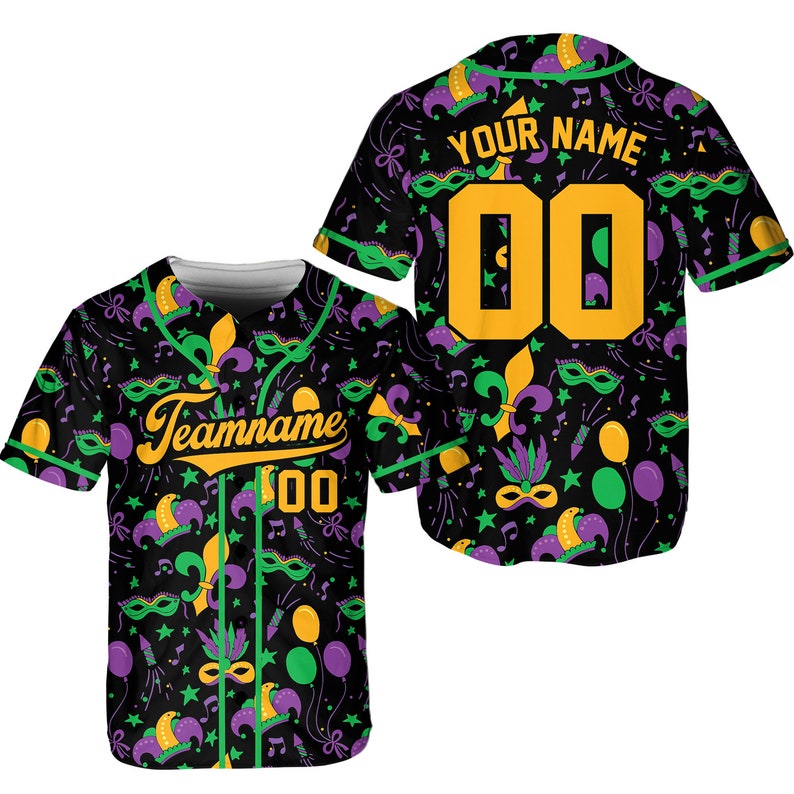 Custom Team Name Mardi Gras Carnival Pattern 1 - Personalized Baseball Tee Jersey