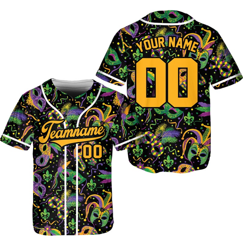 Custom Team Name Mardi Gras Carnival Pattern 2 - Personalized Baseball Tee Jersey