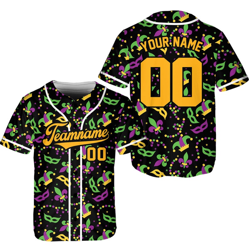Custom Team Name Mardi Gras Carnival Pattern 3 - Personalized Baseball Tee Jersey