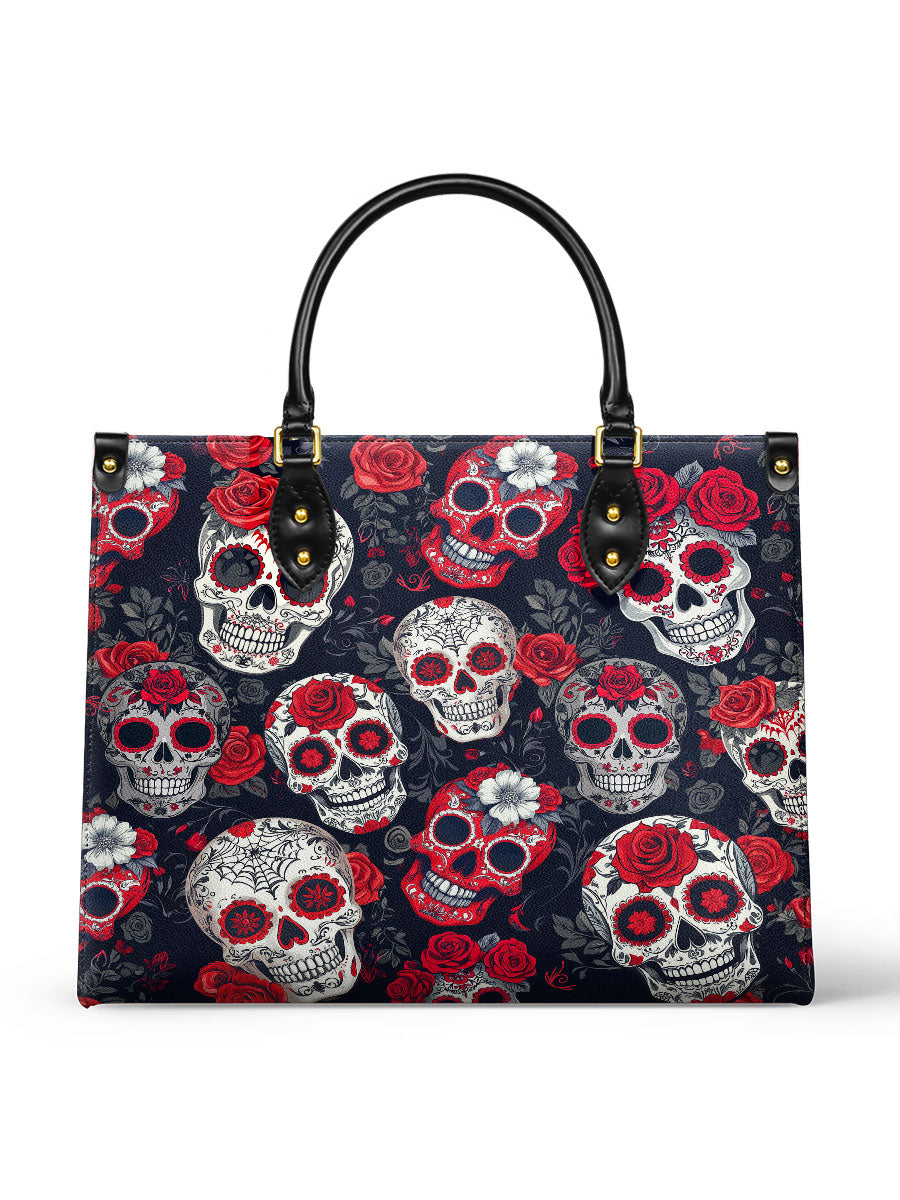 DayoftheDeadRedSugarSkull_RoseGothicFloral PersonalizedLeatherHandbag
