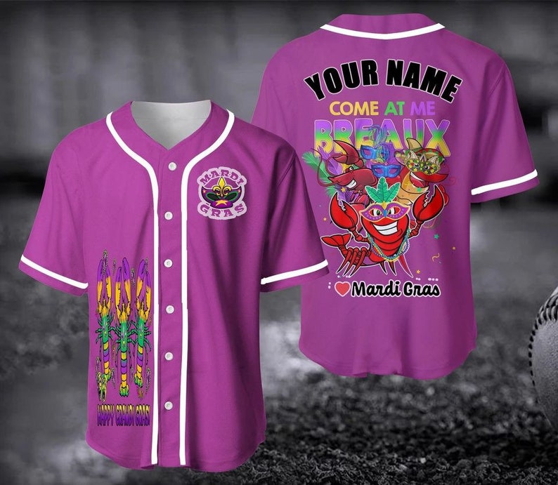 Custom Name Come At Me Breaux Funny Mardi Gras Purple - Personalized Baseball Tee Jersey