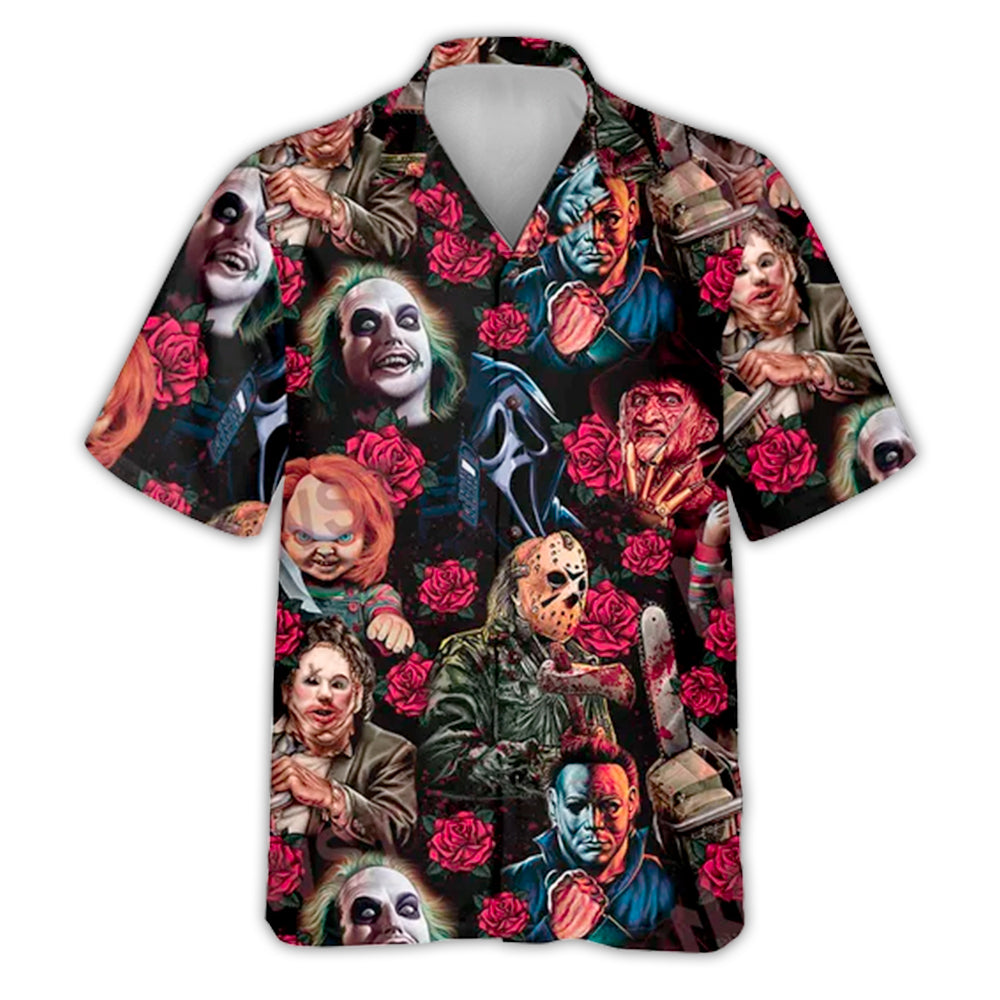 Horror Movie Characters Blood Scary Rose Pattern - Hawaiian Shirt