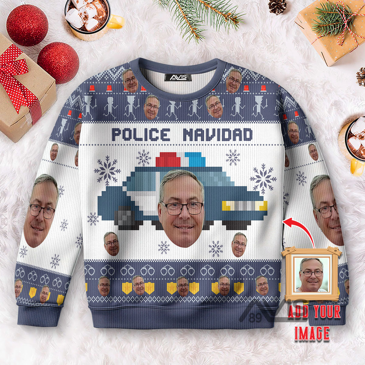 Avis89 Custom Photo Police Navidad - Police Officer Gifts for Dad - Personalized Ugly Sweater