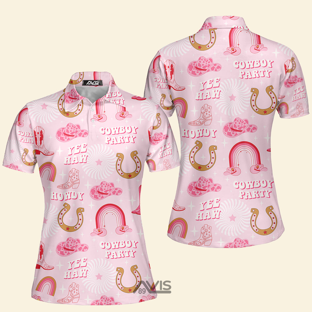 Rodeo Cowgirl Retro Horseshoe Cactus Pink - Women Polo Shirt