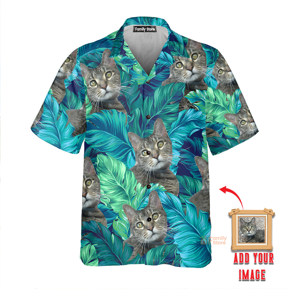 (Custom Photo) Turquoise And Blue Tropical Leaves Pattern Hawaiian Shirt