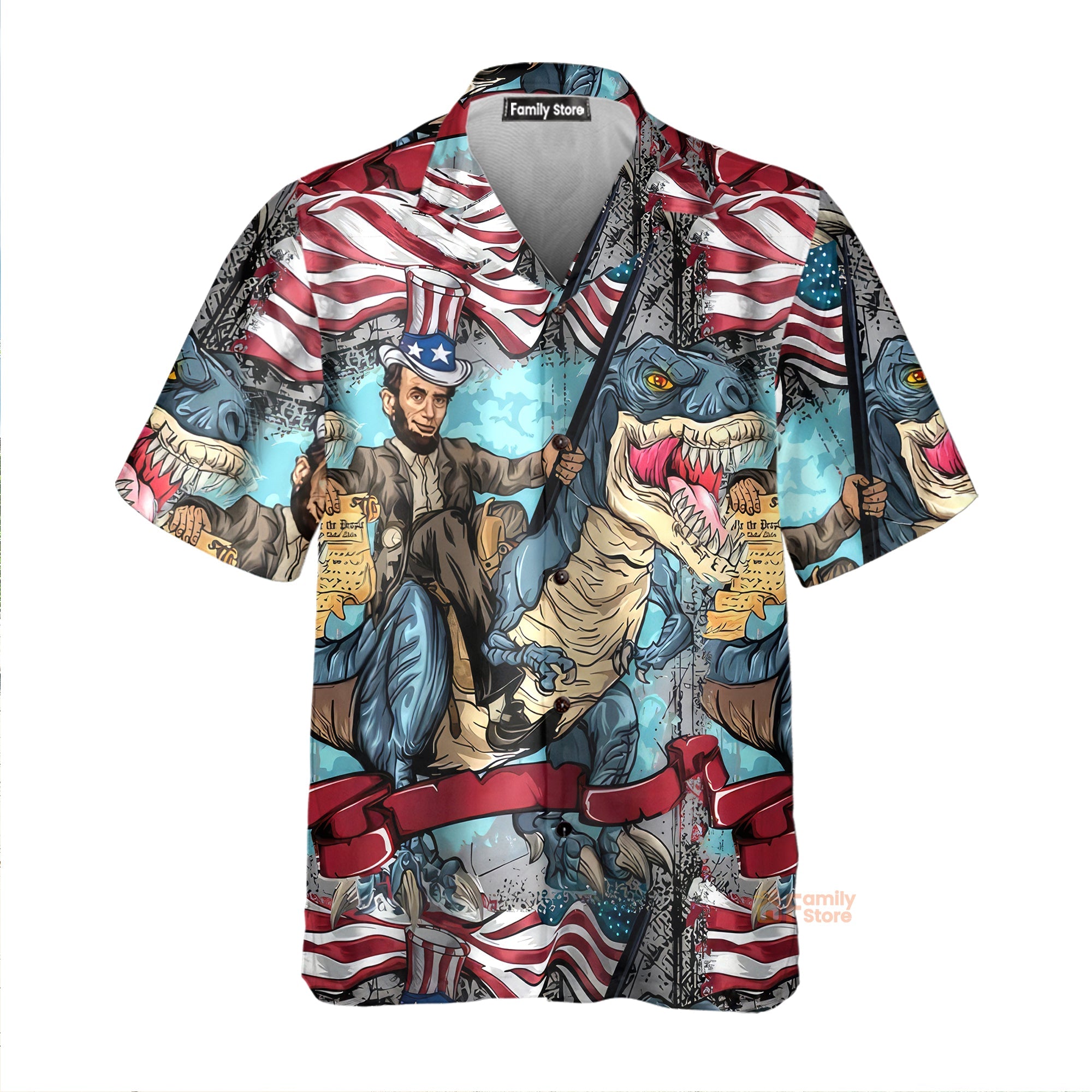 Flag Dinosaur Chest Pocket Short Sleeve Casual Shirt Hawaiian Shirt