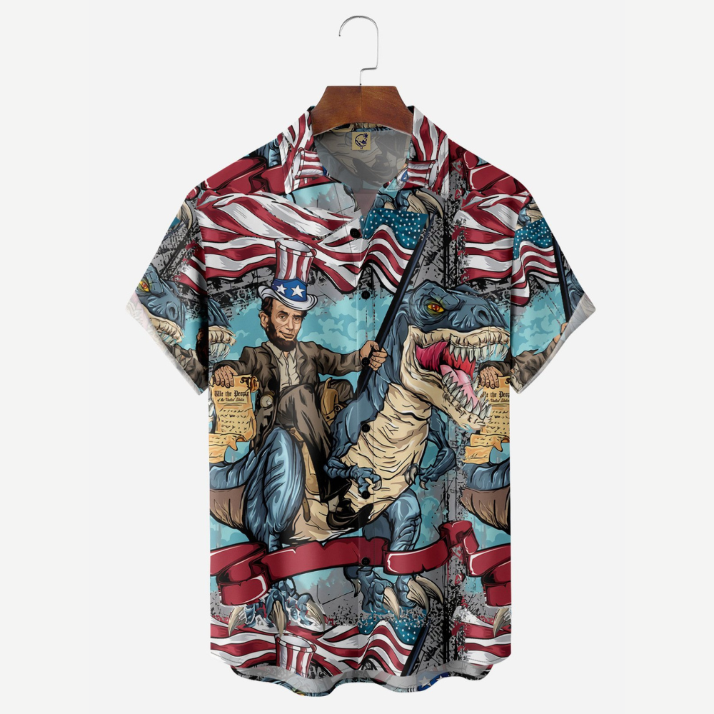 Abraham Lincoln The US Flag And Dinosaur - Hawaiian Shirt