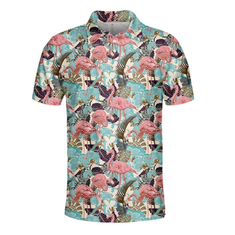 Flamingos And The Tropical Blue Leaves Pattern - Men Polo Shirt