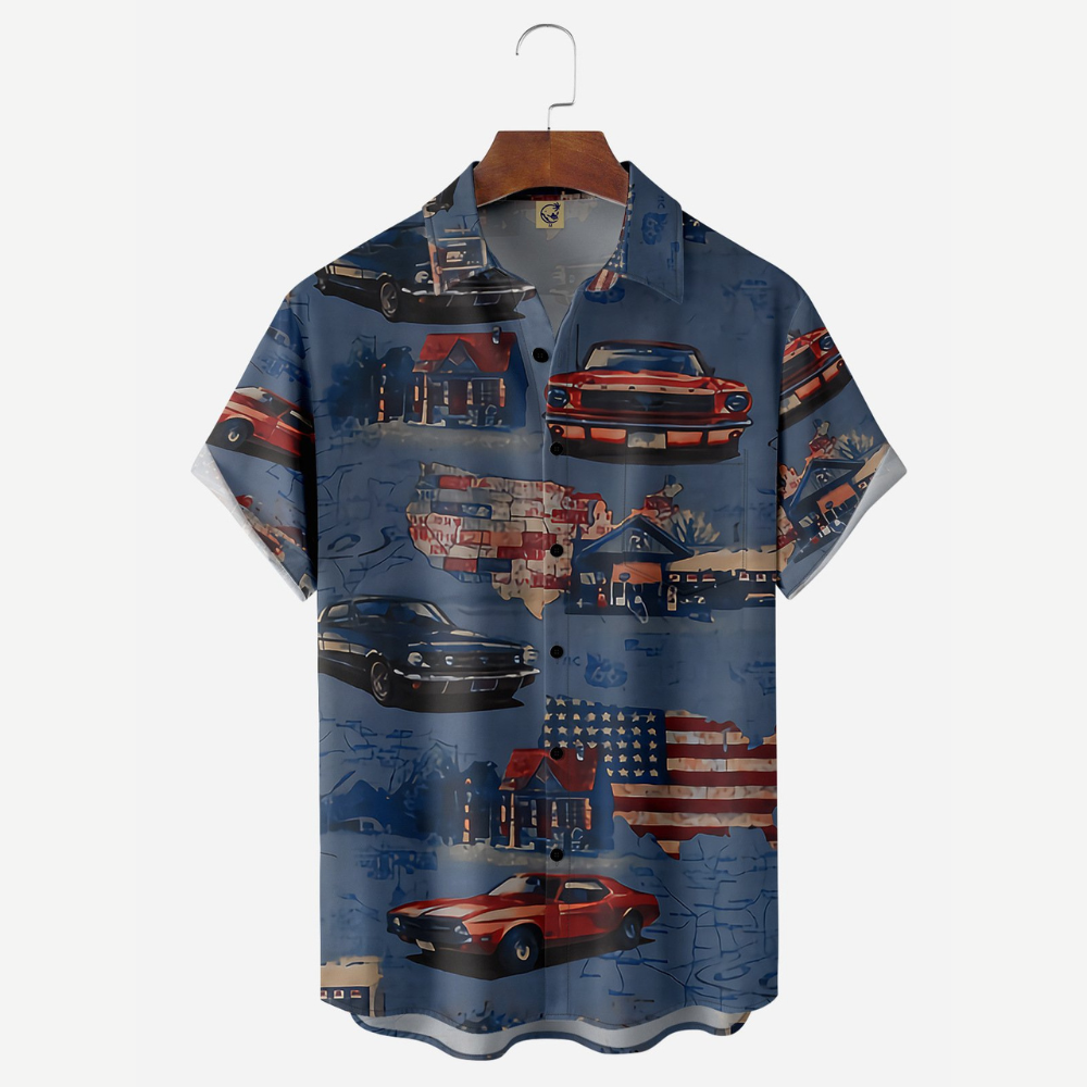 Vintage American Flag Cars At Midnight - Hawaiian Shirt