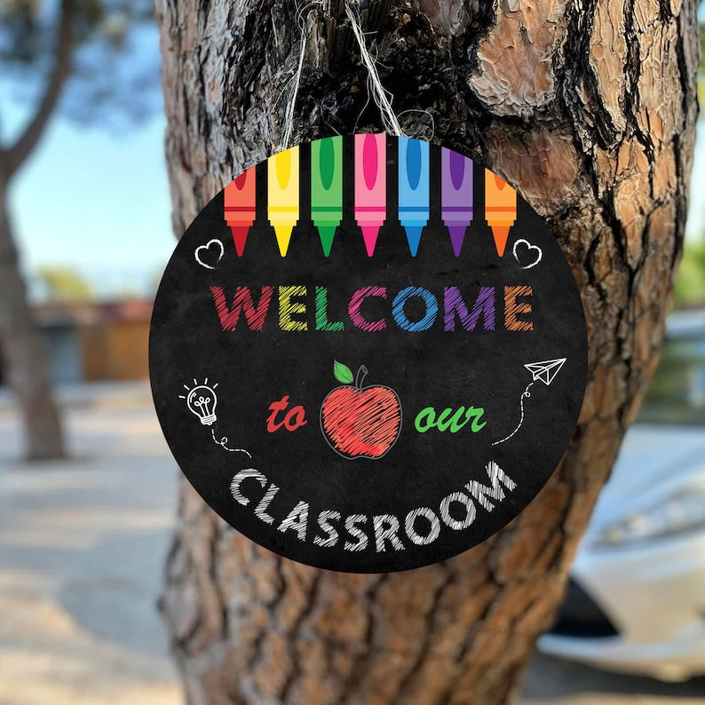 Personalized Welcome Teacher Crayons Apple Round Wood Sign