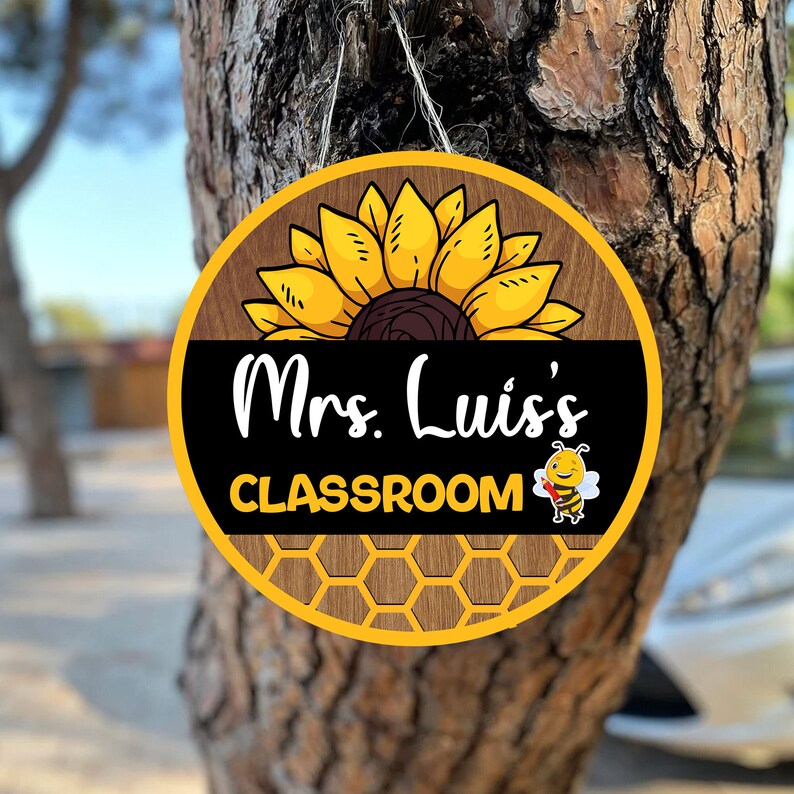 Personalized Classroom Door Hanger Bee Hive Sunflower Round Wood Sign