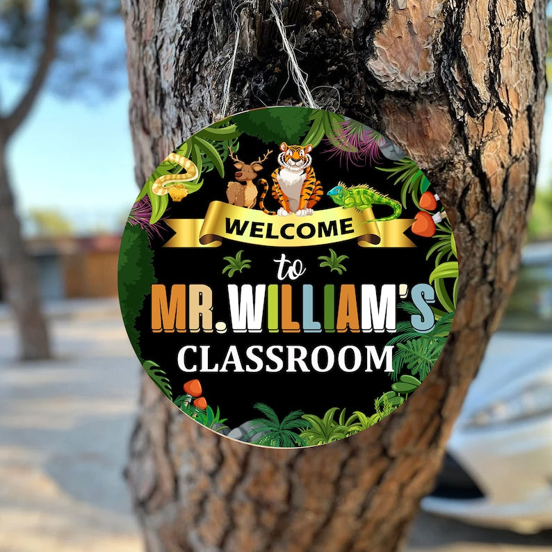 Personalized Teacher Door Sign Tiger Jungle Round Wood Sign
