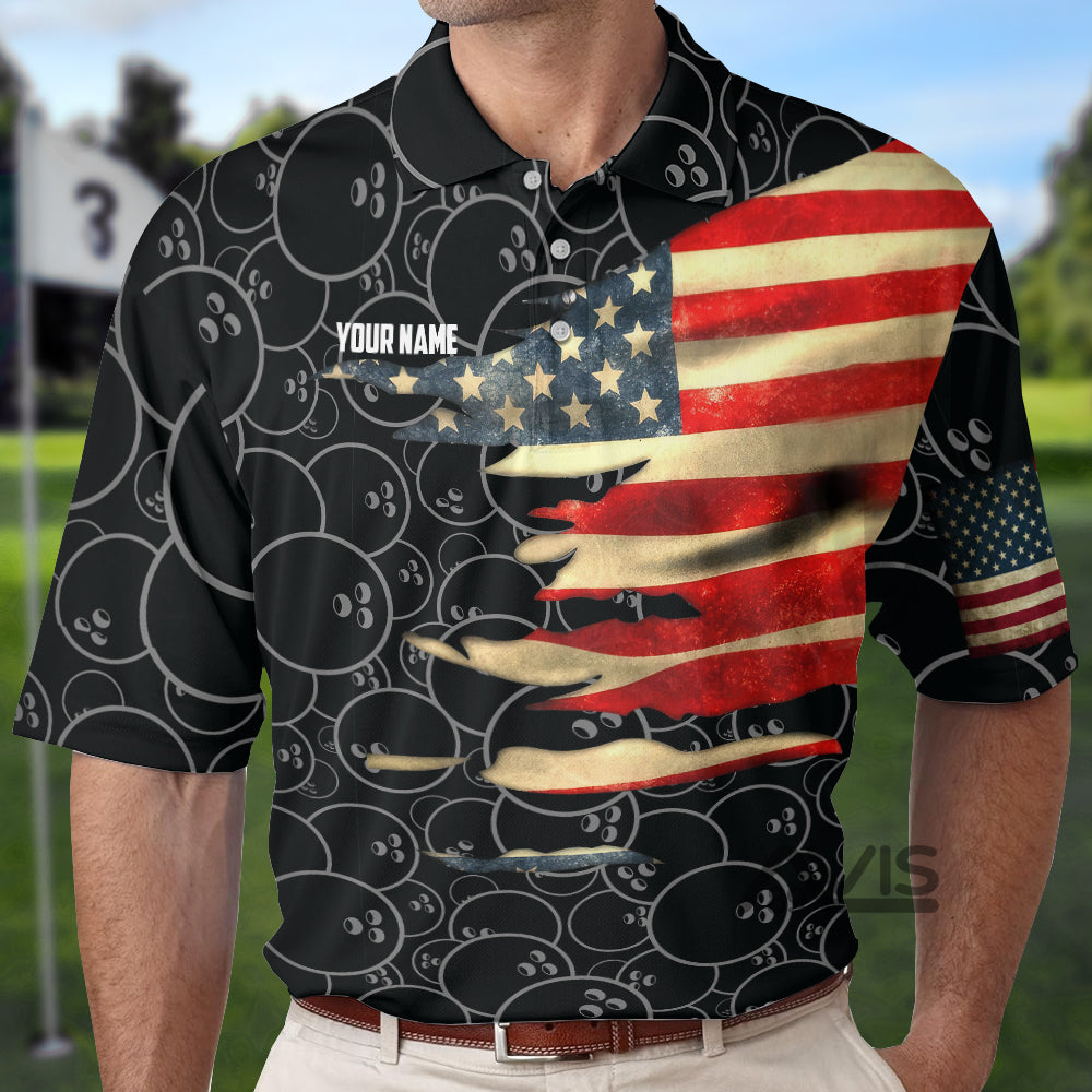 Avis89 Custom Name Bowling American Flag Eagle - Personalized Men Polo Shirt