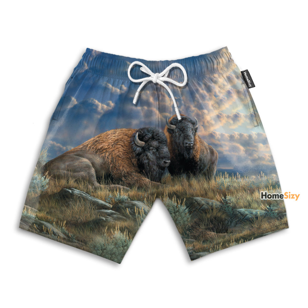 Couple Bison In Field - Beach Shorts