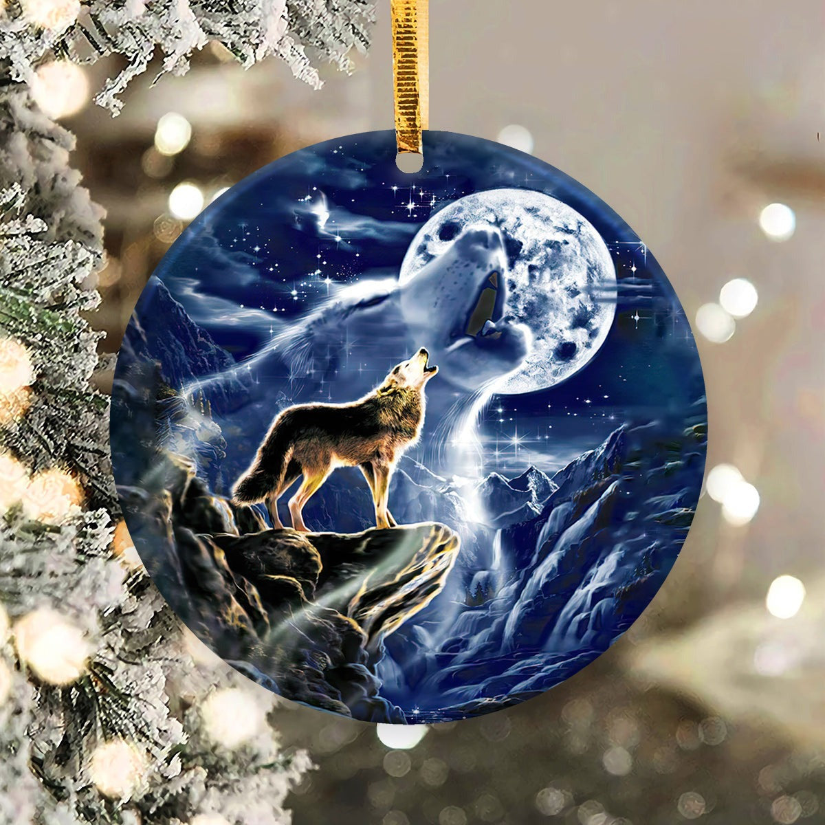 Wolf On The Mountain Moon Circle Ceramic Ornament