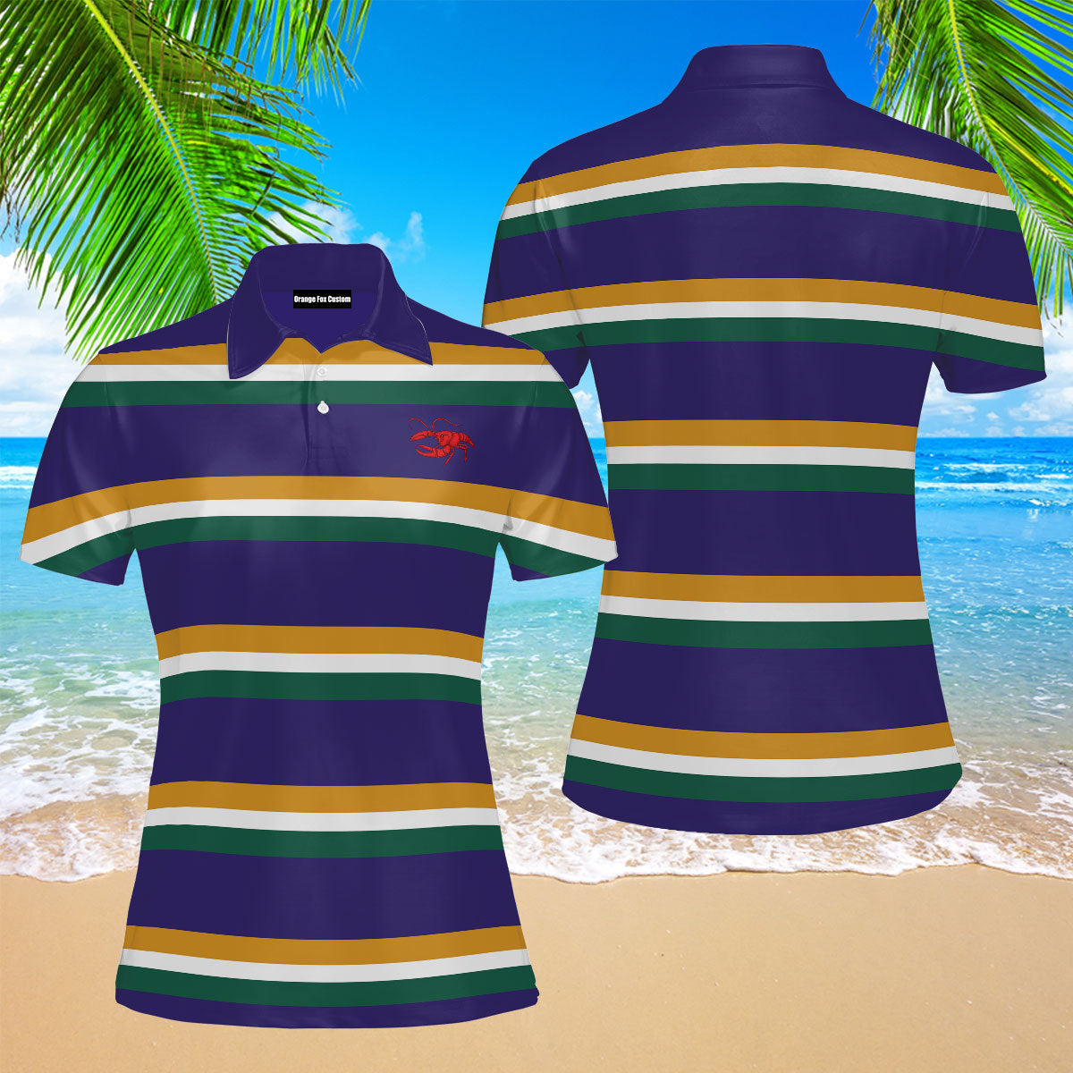 Crawfish Purple Ground Stripe Mardi Gras Rugby Polo Shirt For Women 2