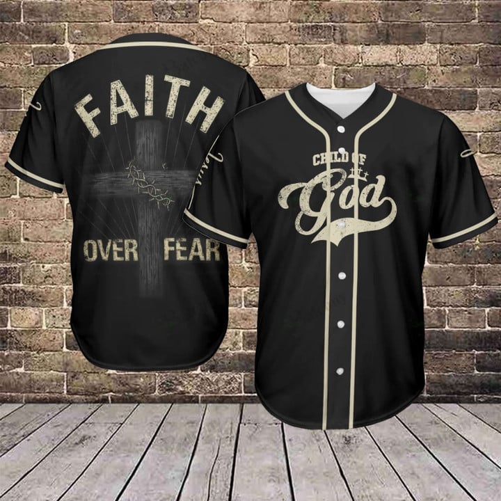 Jesus Faith Over Fear Black Cream Baseball Jersey For God