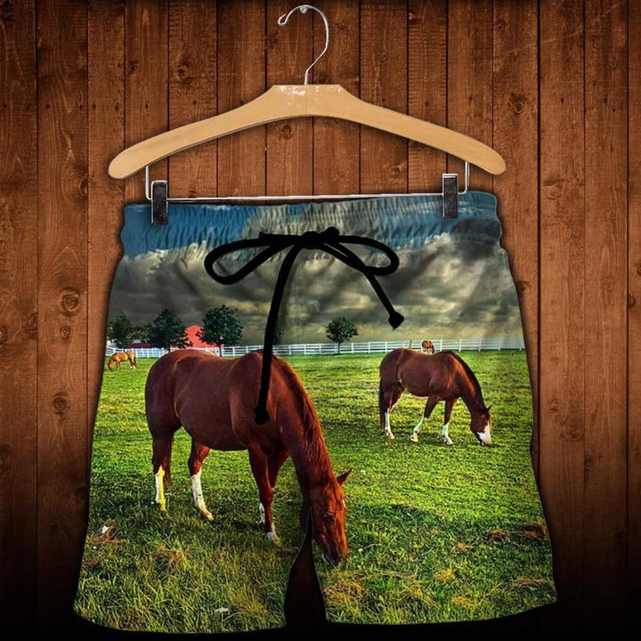 Horses In Field Nature - Beach Shorts