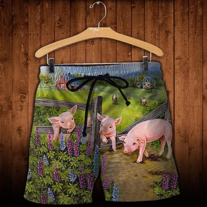 Farm Pigs On Fence - Beach Shorts