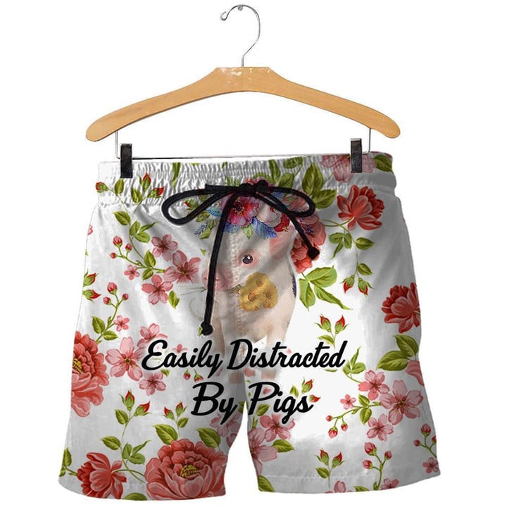 Easily Distracted By Pigs Pink Flowers Pattern - Beach Shorts