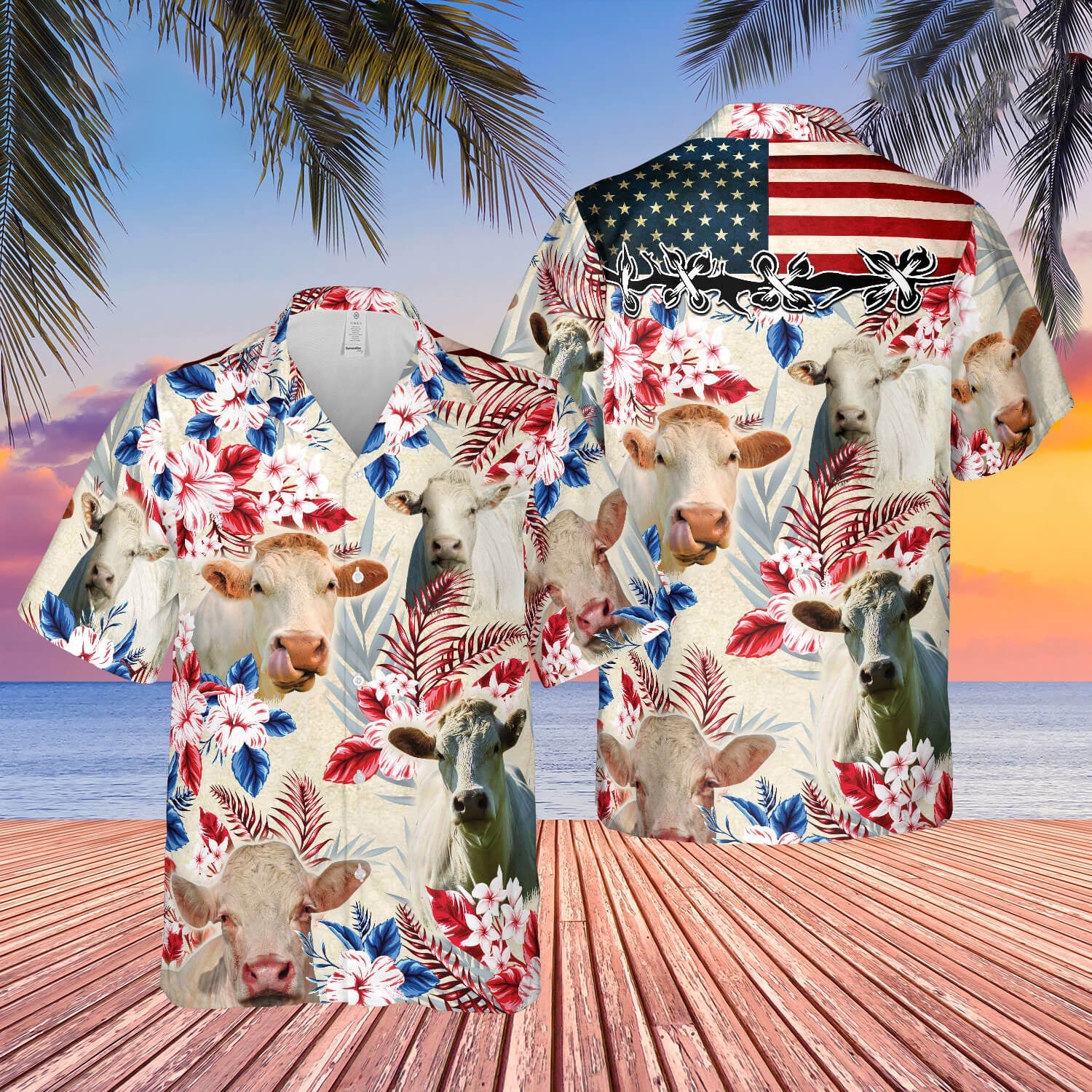 Unique Charolais Cattle American Flag Flowers - Hawaiian Shirt