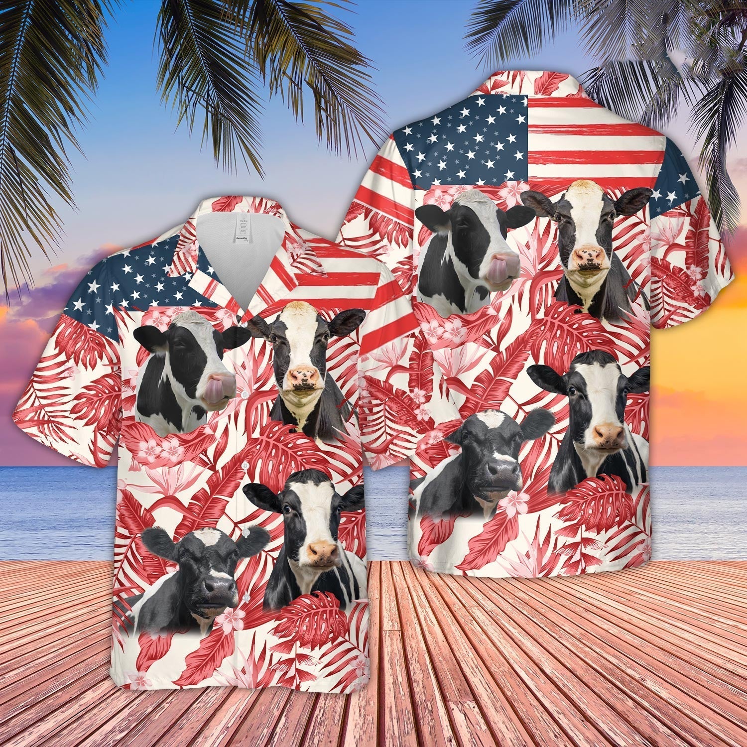 Unique Holstein Red Floral US Flag 3D - Hawaiian Shirt