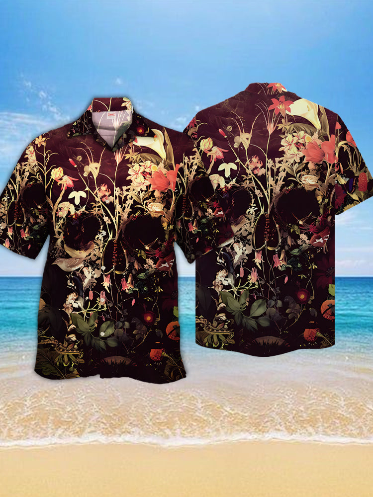 Vintage Bloom Skull Printing Cuban Collar - Hawaiian Shirt