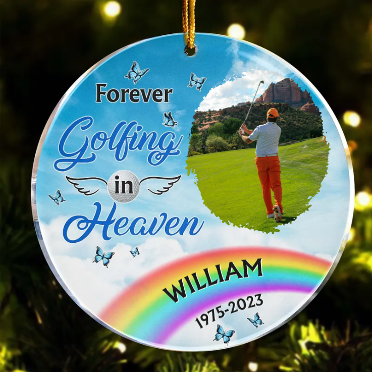 Custom Photo Forever Golfing In Heaven - Memorial Gift - Personalized Circle Acrylic Ornament