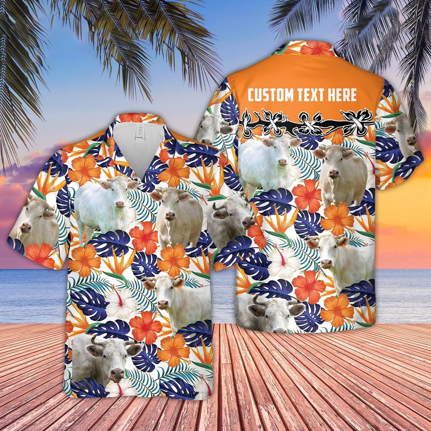 Unique Charolais Hibiscus Blue Floral - Personalized Hawaiian Shirt