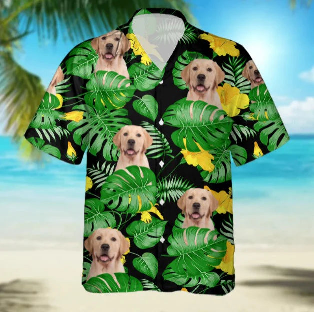 Custom Photo Face Floral Green Pattern - Gift For Pet Lovers - Personalized Hawaiian Shirt