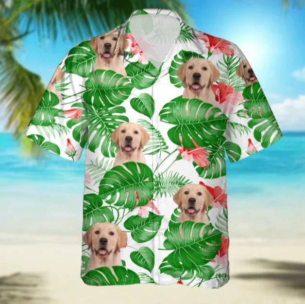 Custom Photo Dog Face Tropical Green Leaves - Gift For Pet Lovers - Personalized Hawaiian Shirt