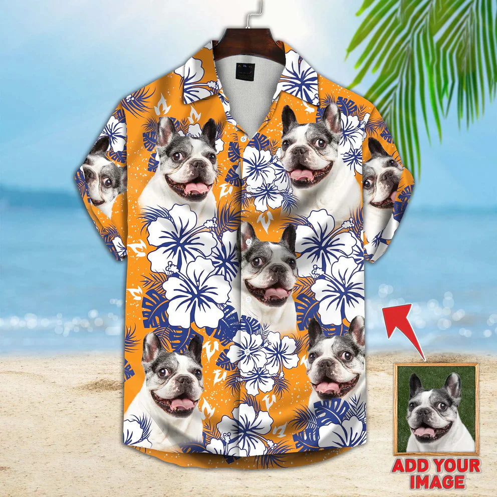 Custom Photo Blue Tropical Floral Pattern - Gift For Pet Lovers - Personalized Hawaiian Shirt