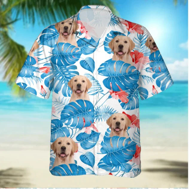 Custom Photo Dog Face Tropical Blue Leaves - Gift For Pet Lovers - Personalized Hawaiian Shirt