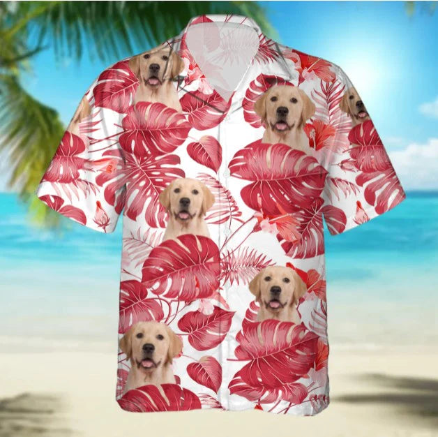 Custom Photo Dog Face Tropical Red Leaves - Gift For Pet Lovers - Personalized Hawaiian Shirt