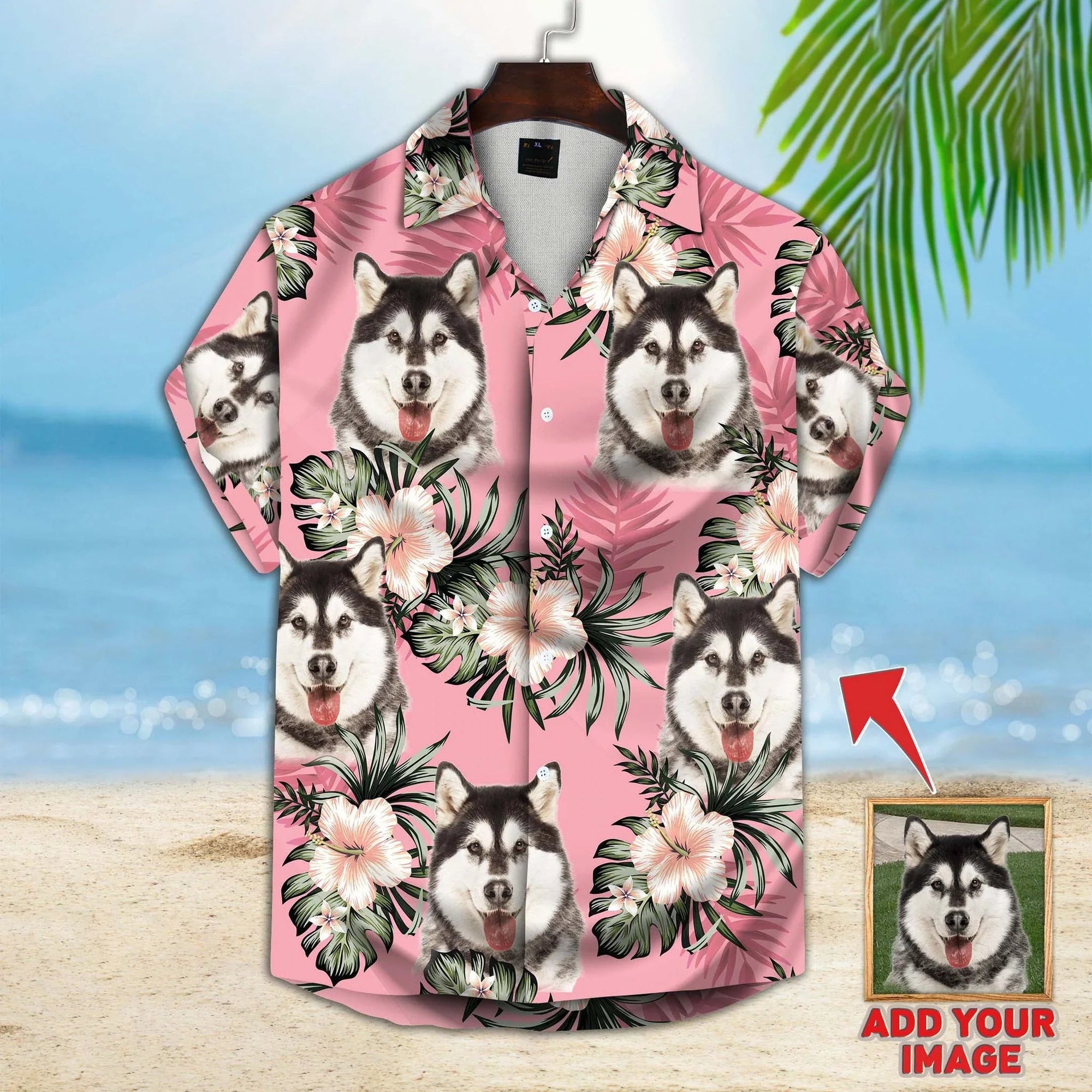 Custom Photo Husky And Pink Flowers - Gift For Pet Lovers - Personalized Hawaiian Shirt