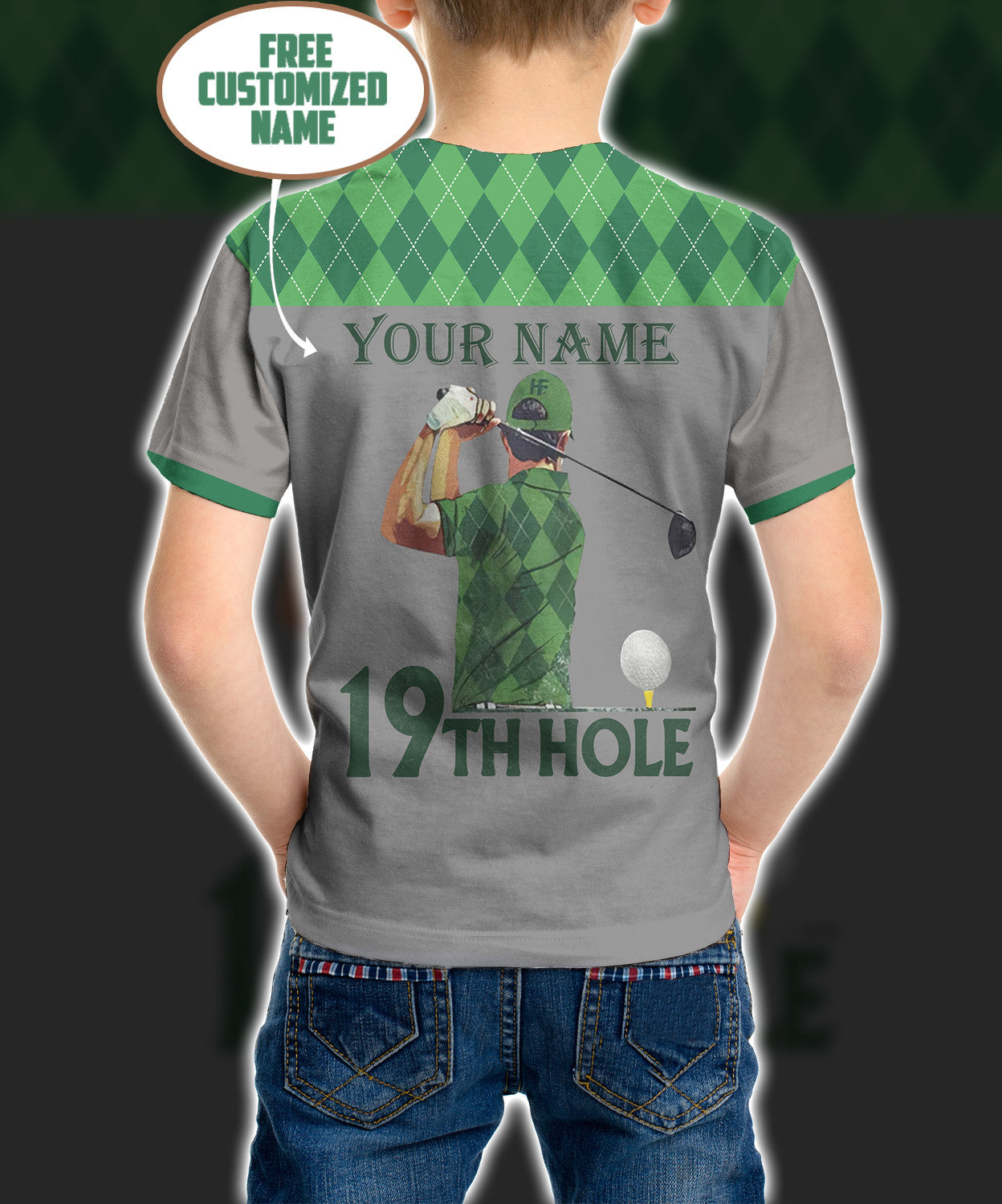 Custom Name 19th Hole Green Argyle Pattern Golf - Personalized Kid T-shirt