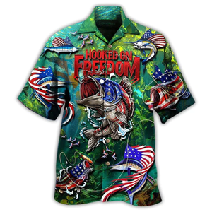 Fishing Hooked On Freedom Green Pattern  - Hawaiian Shirt