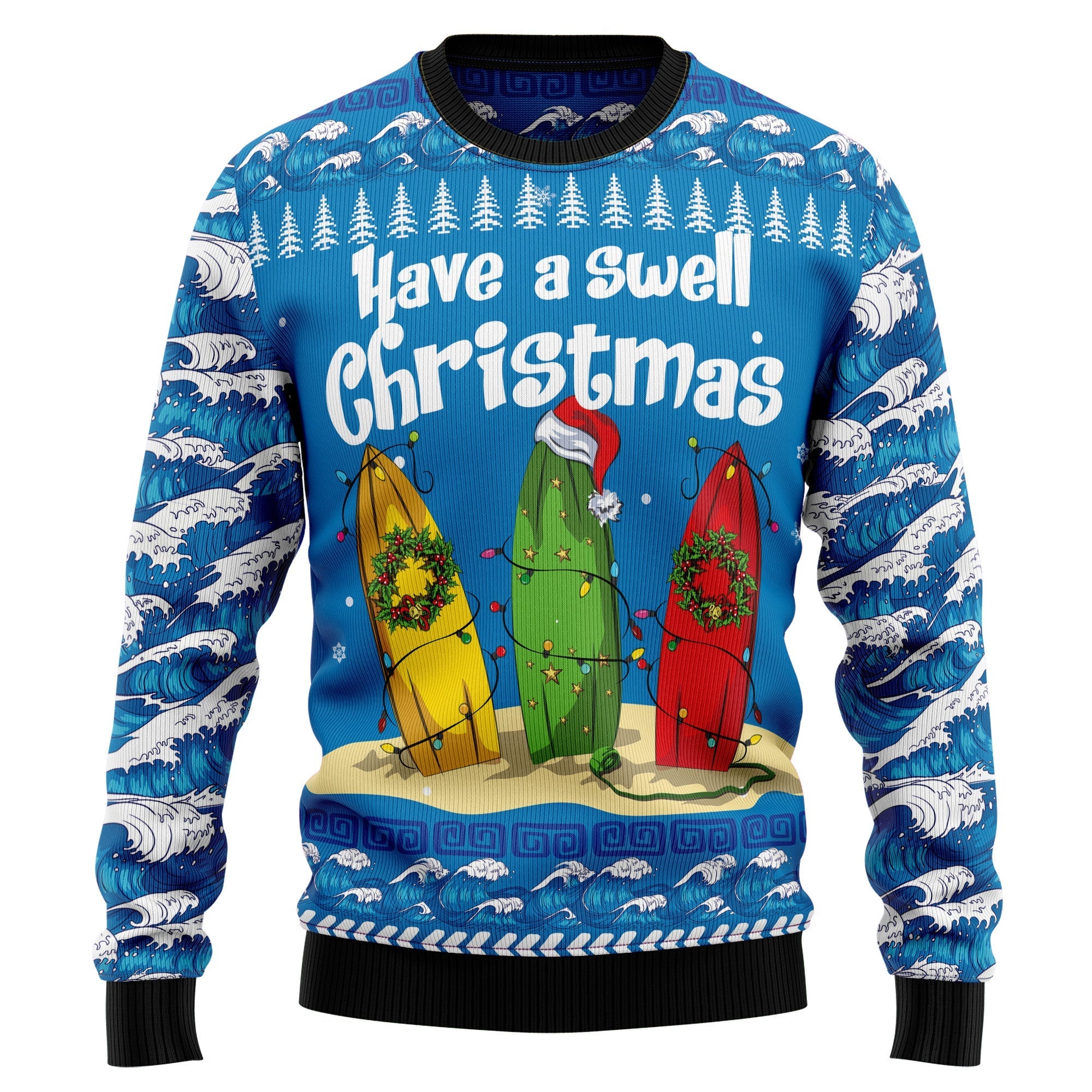 ﻿Surfer Swell Christmas Blue Ugly Sweater