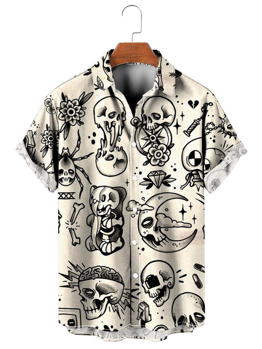 Vintage Skull Print Moon White - Hawaiian Shirt